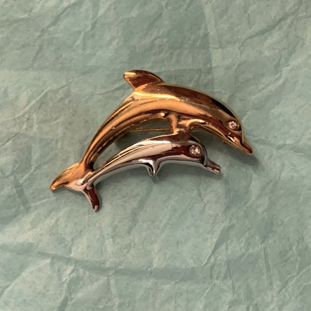 AAI Vintage Dolphin Gold & Silver Stone Pin Brooch - Picture 1 of 4
